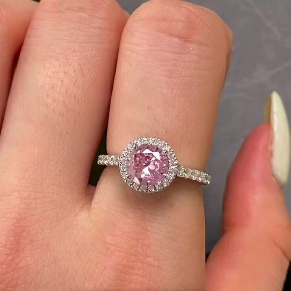 S925 Sterling Silver Round Pink Cubic Zirconia Ring Eternity Baby Pink - Picture 4 of 6